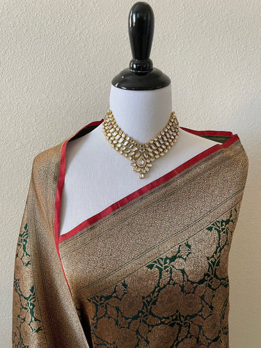 Banarasi Katan Pure Silk Saree | Handwoven | shade of Emerald Green with Antique Zari | Ships from California